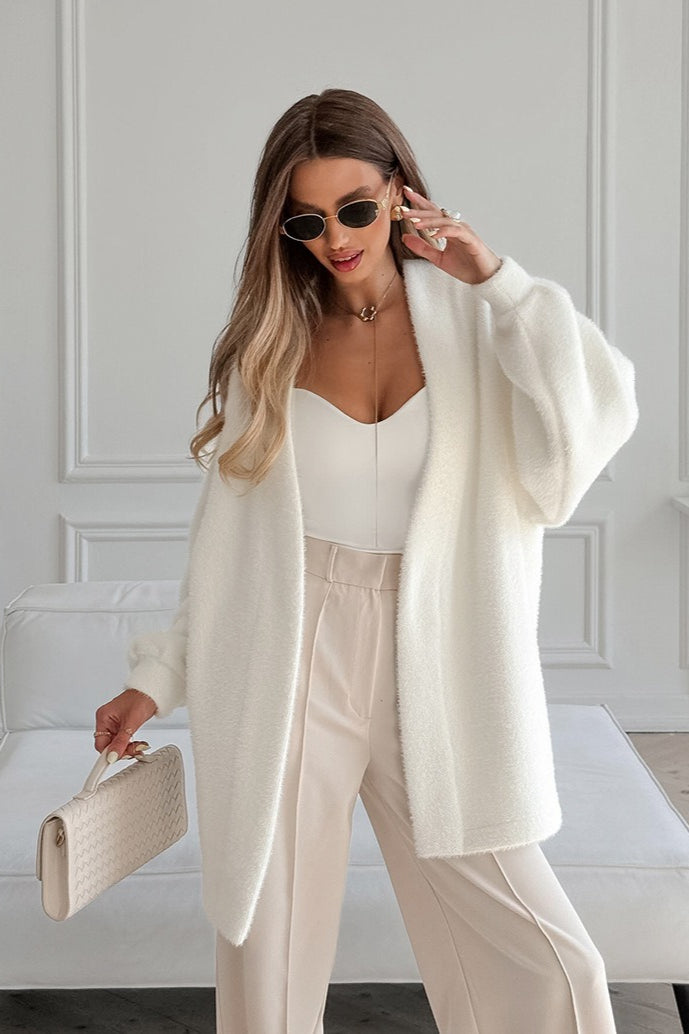 White Fuzzy Tie Waist Mid-Length Relaxed Cardigan