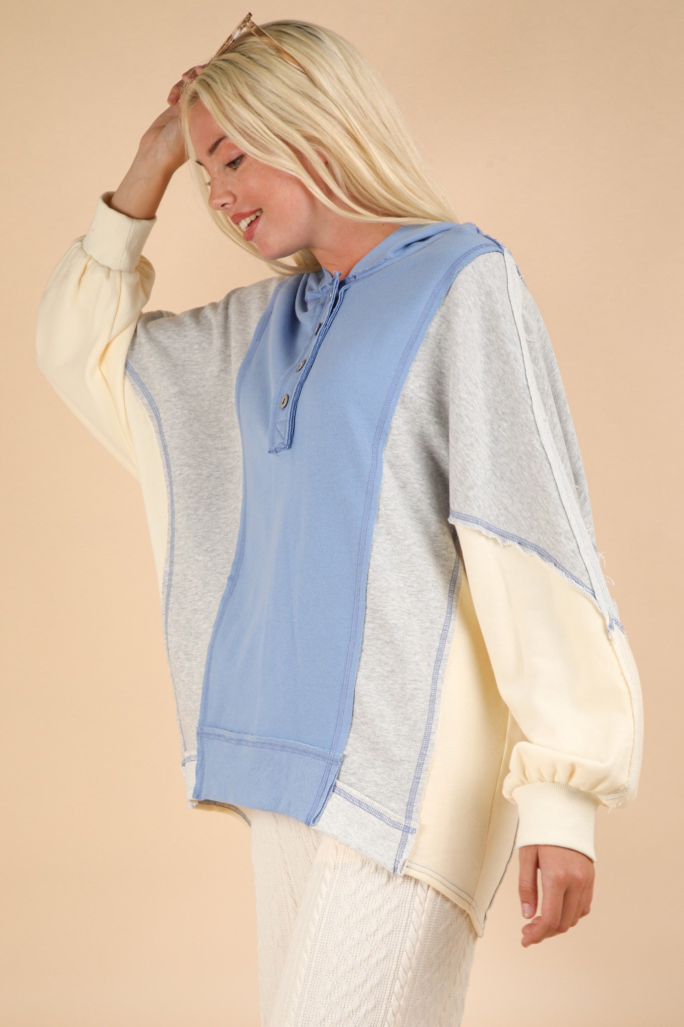 Pilar | VERY J hoodie with exposed seams and color block half buttons