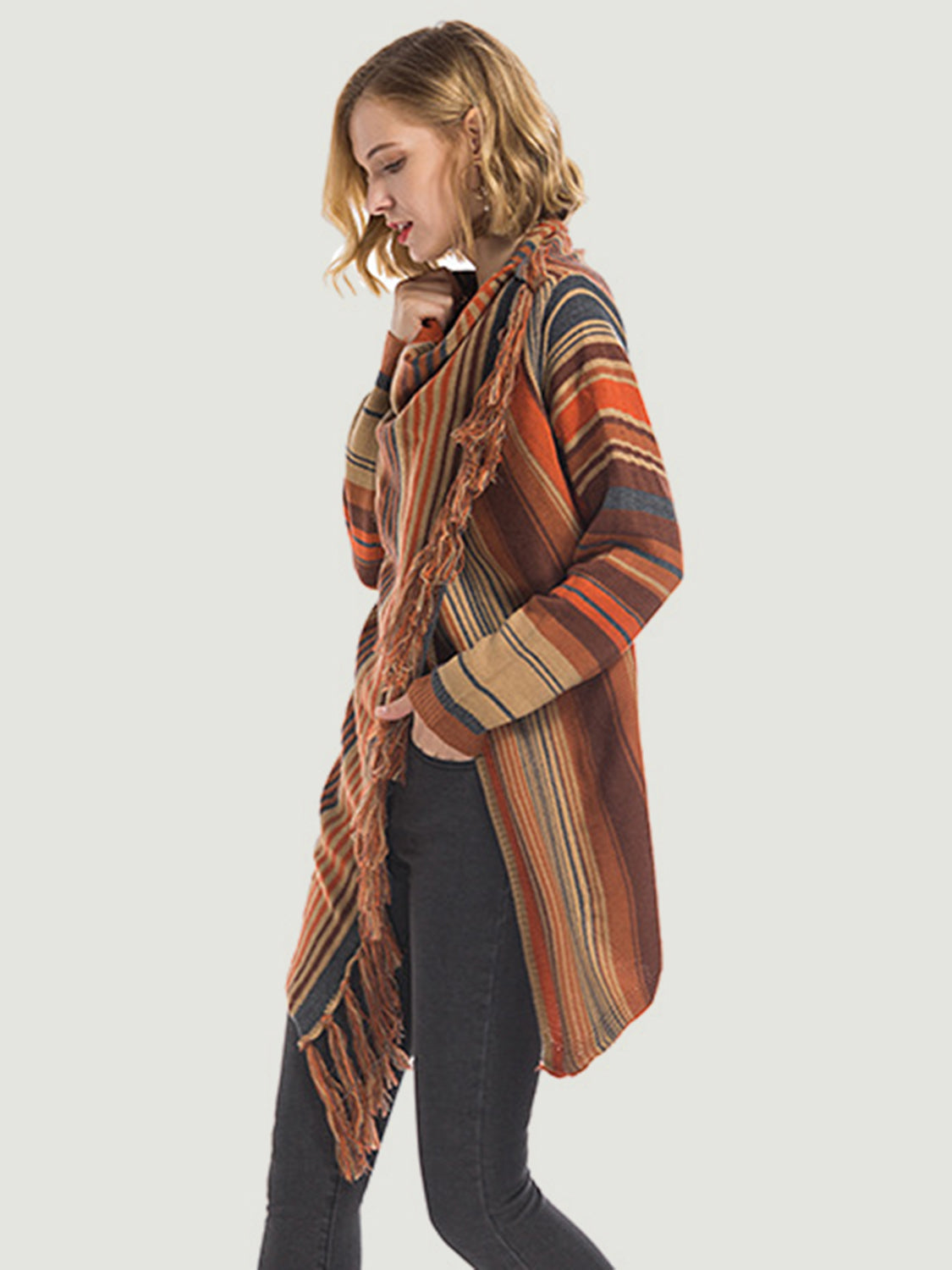 Dagny | Long sleeve cardigan with tassel stripes and open front