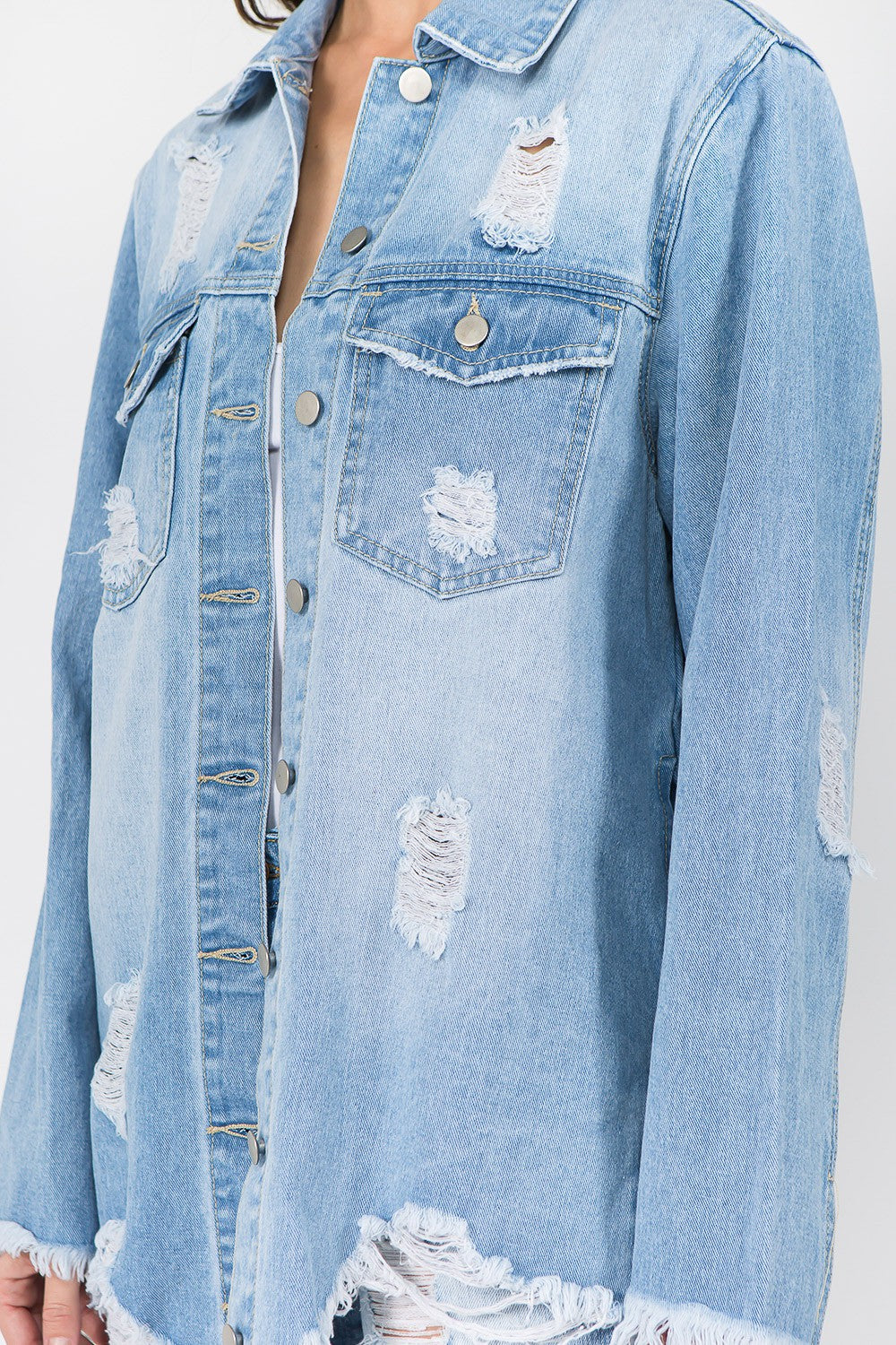 Frida | American Bazi distressed denim jacket with frayed hem