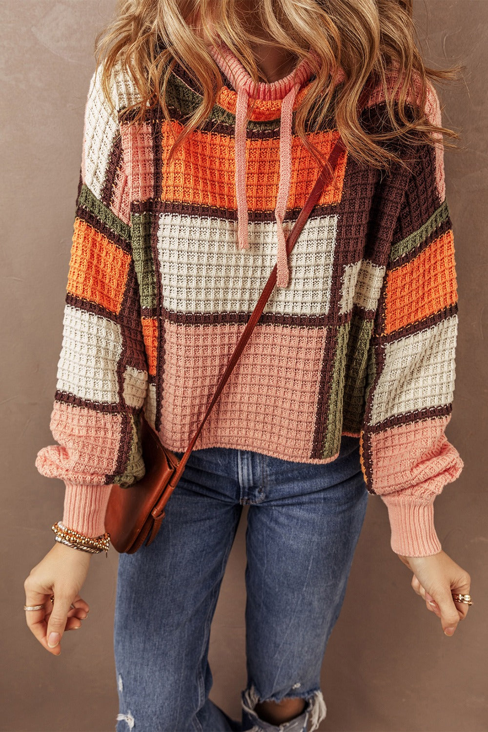 Ester | Long sleeve drawstring sweater with color block design
