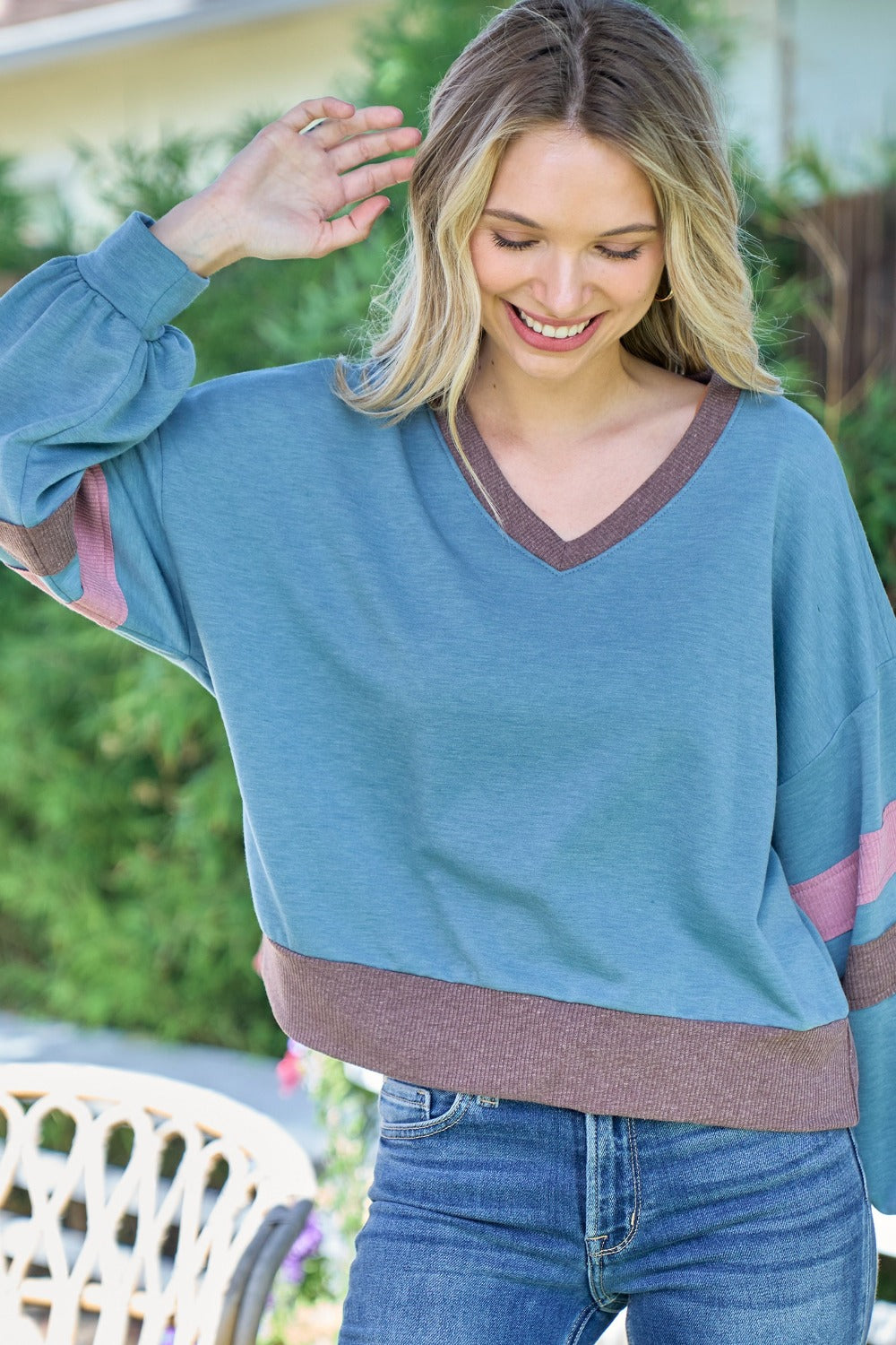 Cristina | Hailey & Co. color block V-neck cropped sweatshirt