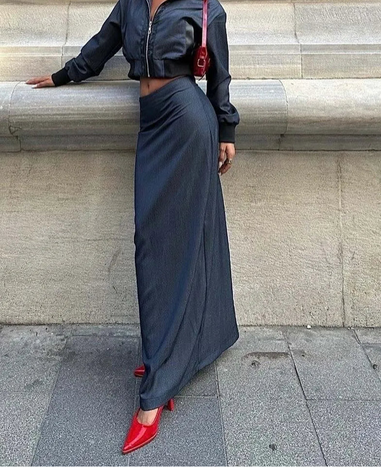 Blue Zipper Crop Low Waist Office Two Piece Set