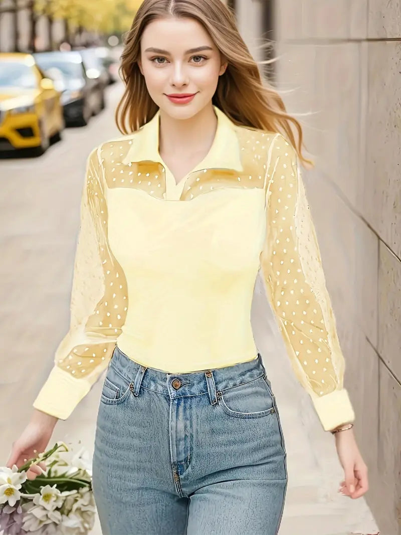 Kornelia® | Plain, Transparent, Contrasting Chic Top With Collar And Long Sleeves