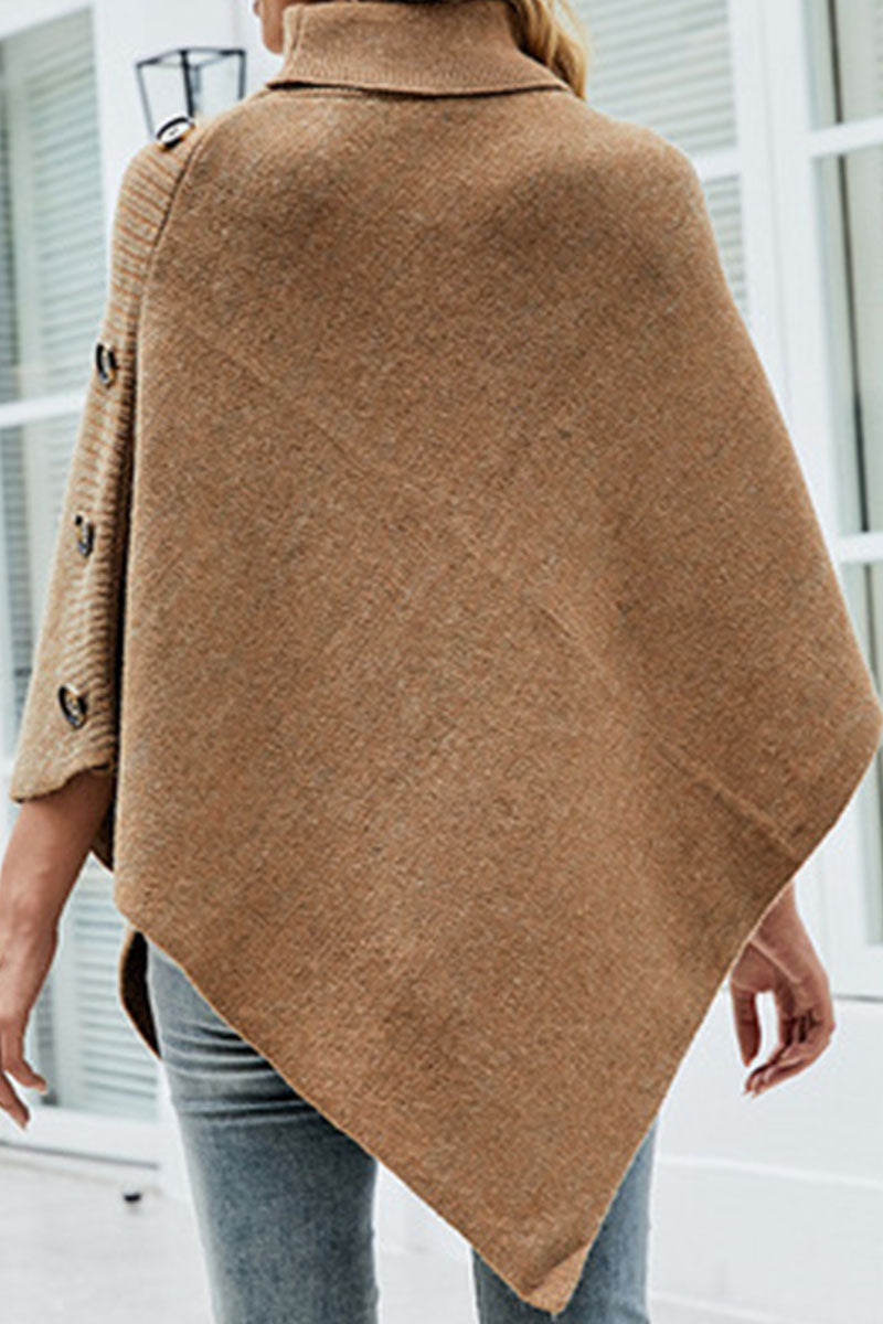 Erika | Casual solid color asymmetrical turtleneck outerwear with patchwork buttons