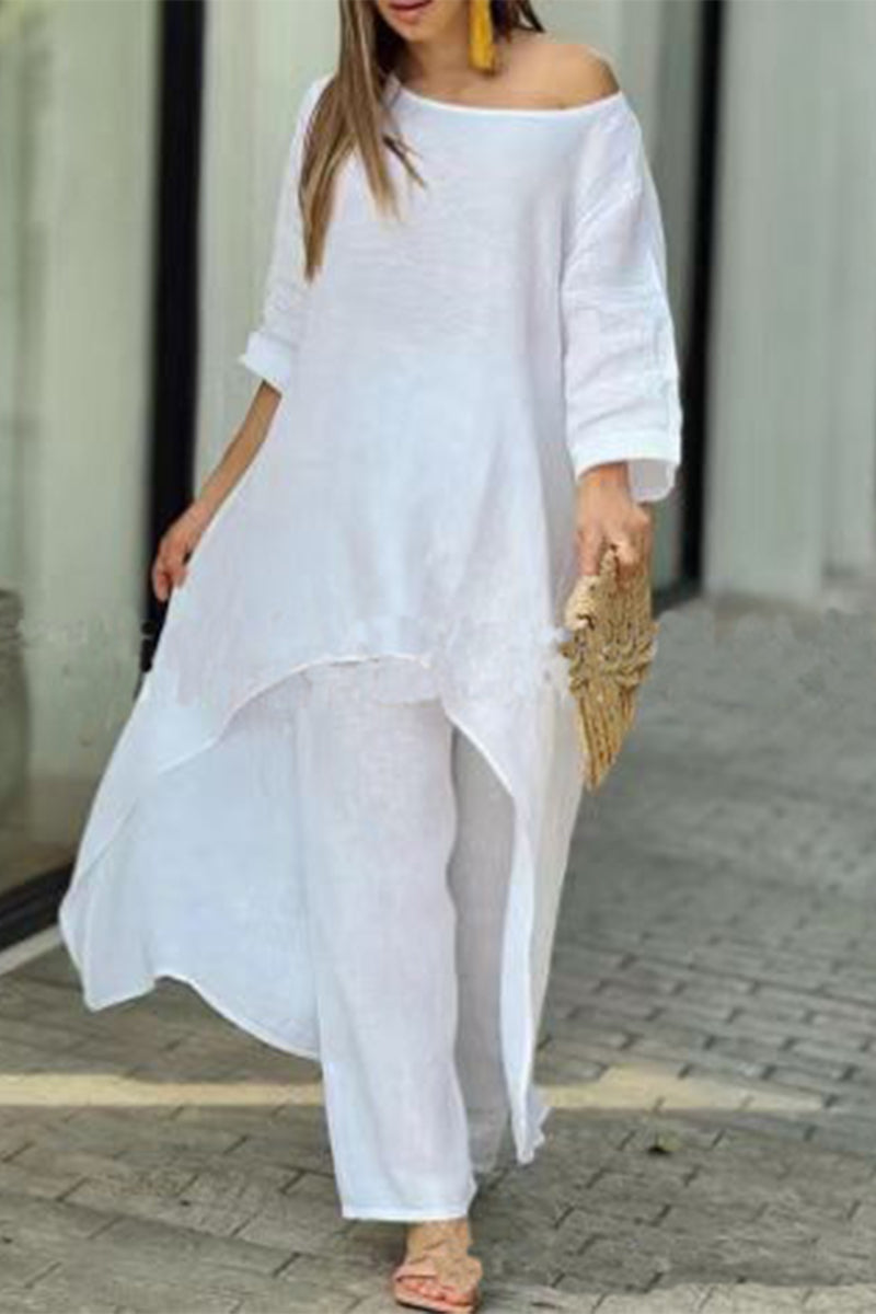 Magdalena | Casual solid color asymmetrical long sleeve O-neck two piece suit