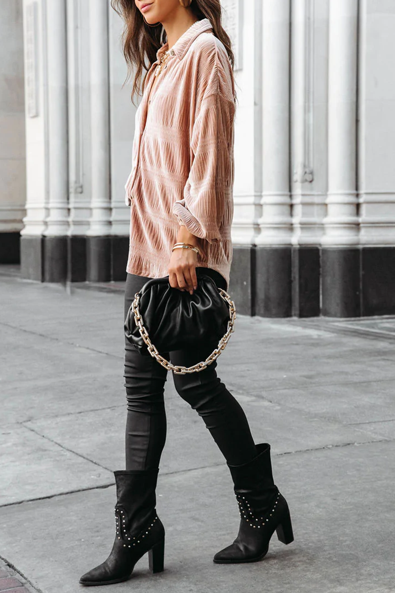 Ema | Casual, solid patchwork tops with a turn-down collar