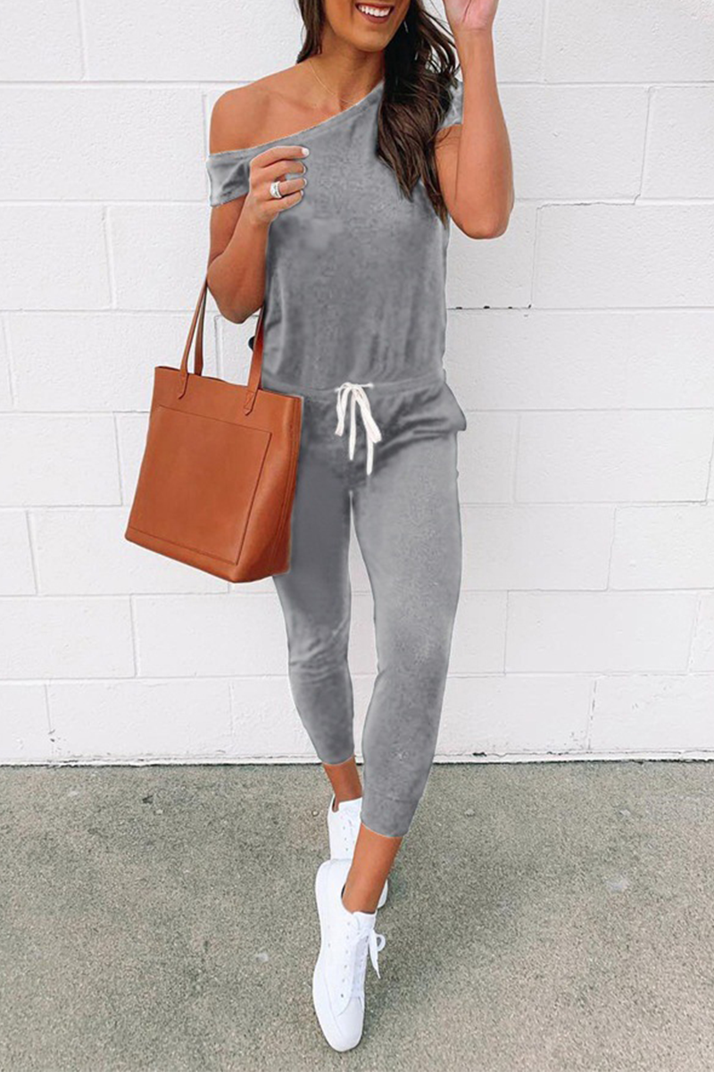 Flavia | Casual Solid Color Drawstring One Shoulder Skinny Jumpsuits