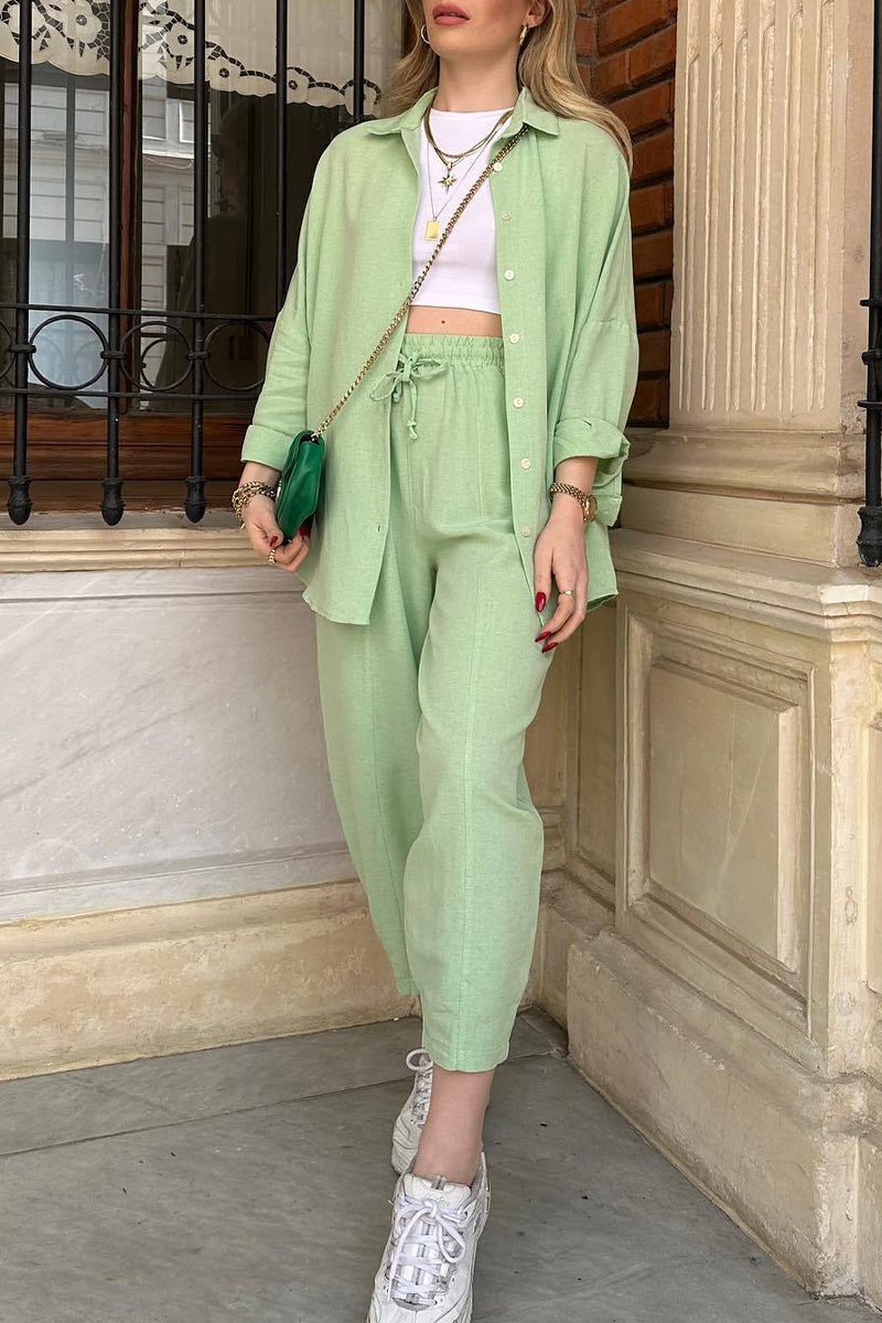 Lena® | Casual Button-Down Turn-Down Collar Long-Sleeved Shirt And Trousers Set