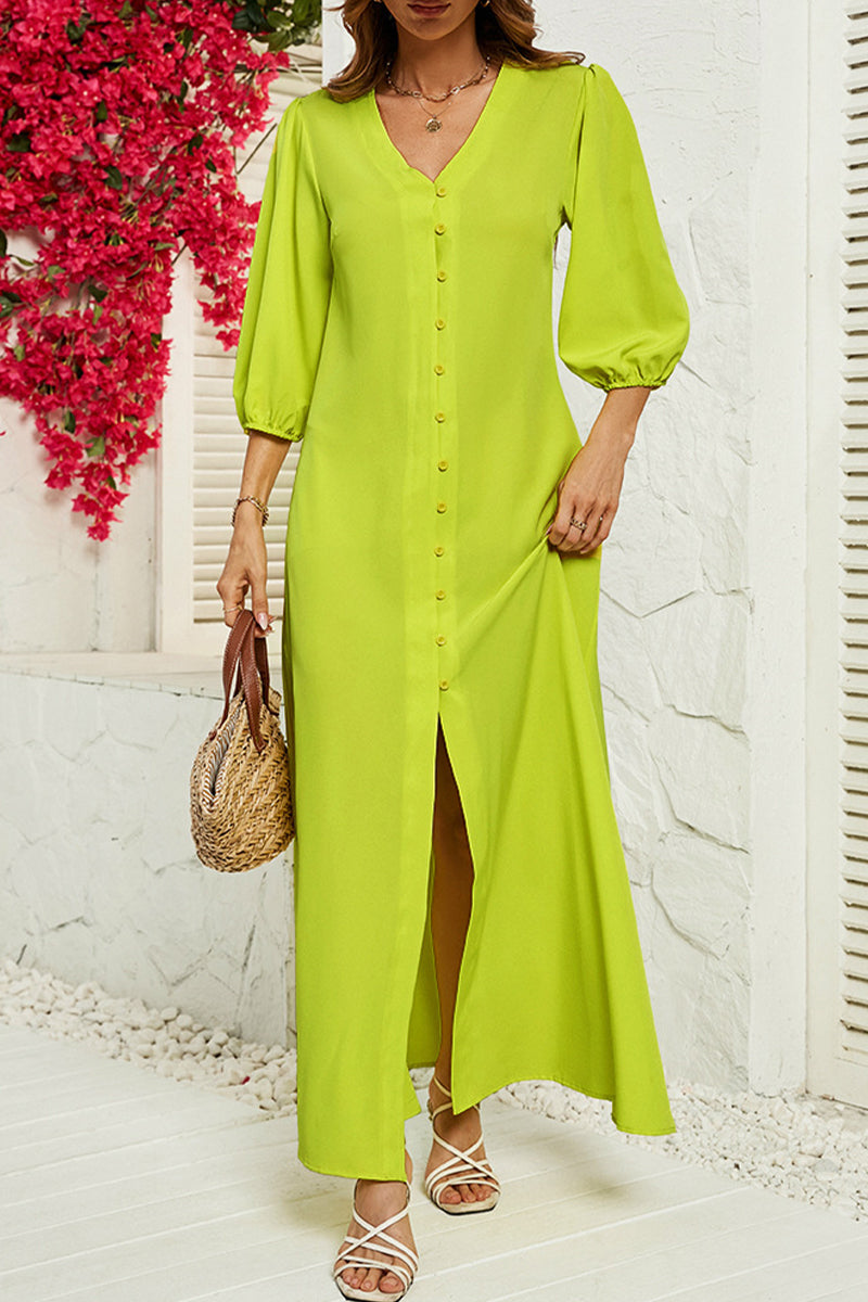 Annunziata® | Elegant Long Half-Sleeved Button-Down Dress With A V-Neckline