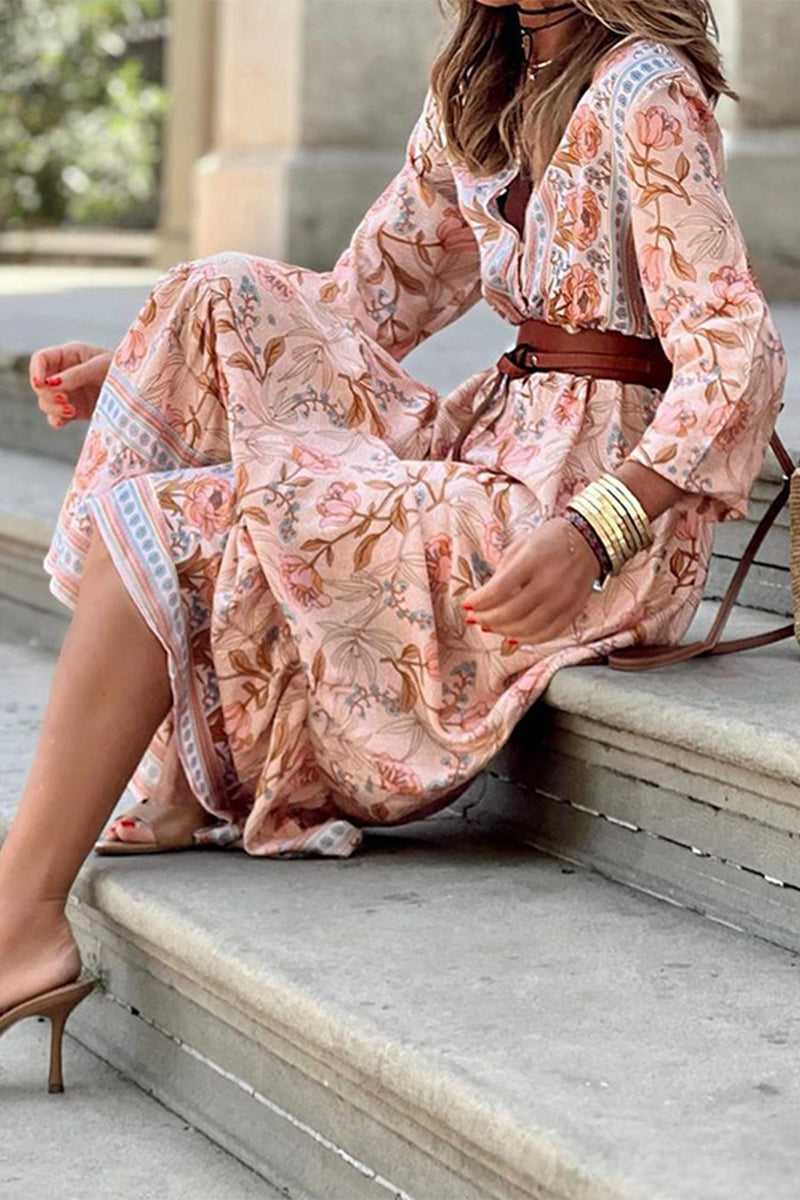 Rocio | Bohemian floral belted V-neck A-line dress