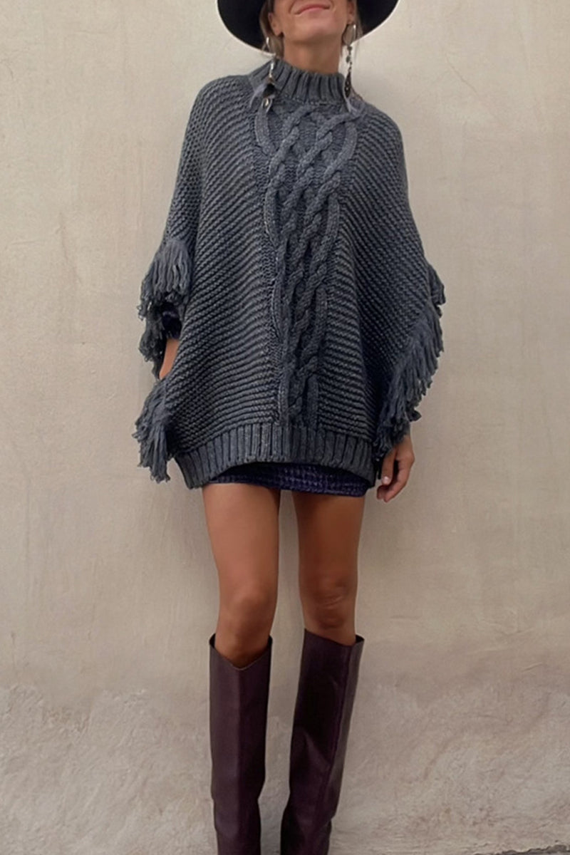Verónica | Casual outerwear with solid color tassel patchwork and O-neck