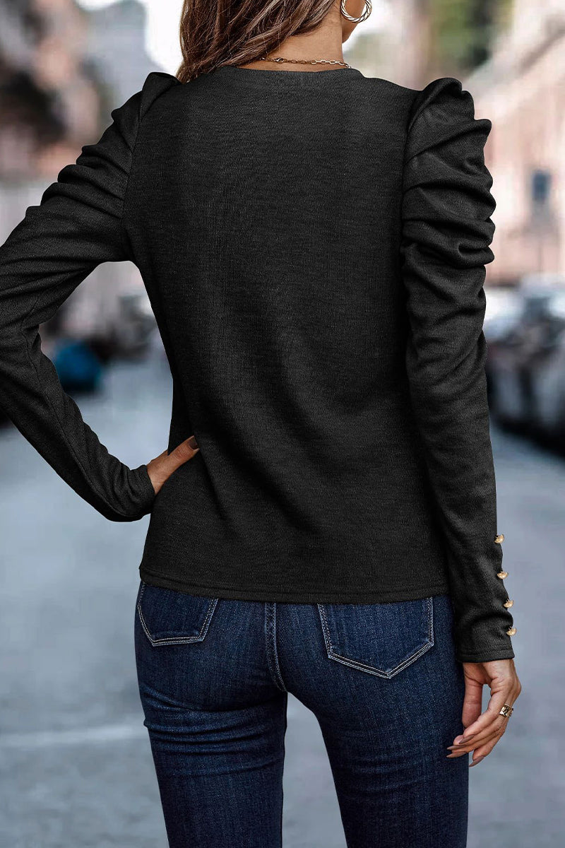 Alba | Casual solid color O-neck pleated tops