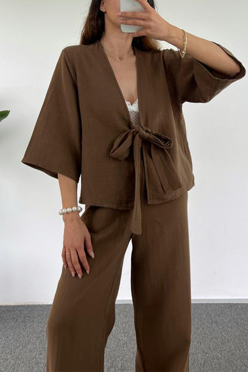 Yessica | Casual simplicity, solid pocket, V-neck, three-quarter length two-piece suit