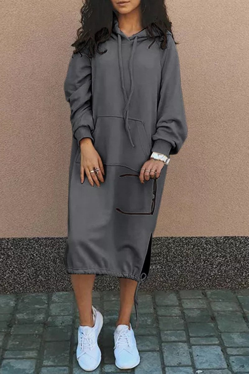 Genoveva | Casual solid patchwork dresses with hood and long sleeves