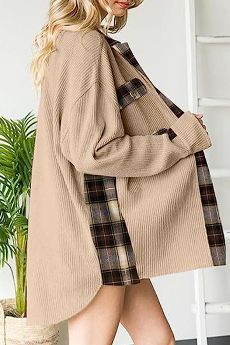 Elena | Casual color block tops with contrast turn-down collar and pockets