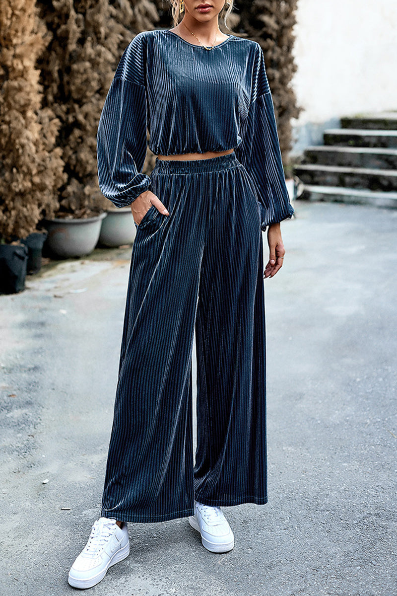 Gabriella® | Elegant Striped Long-Sleeved Cropped Blouse And Trousers Set