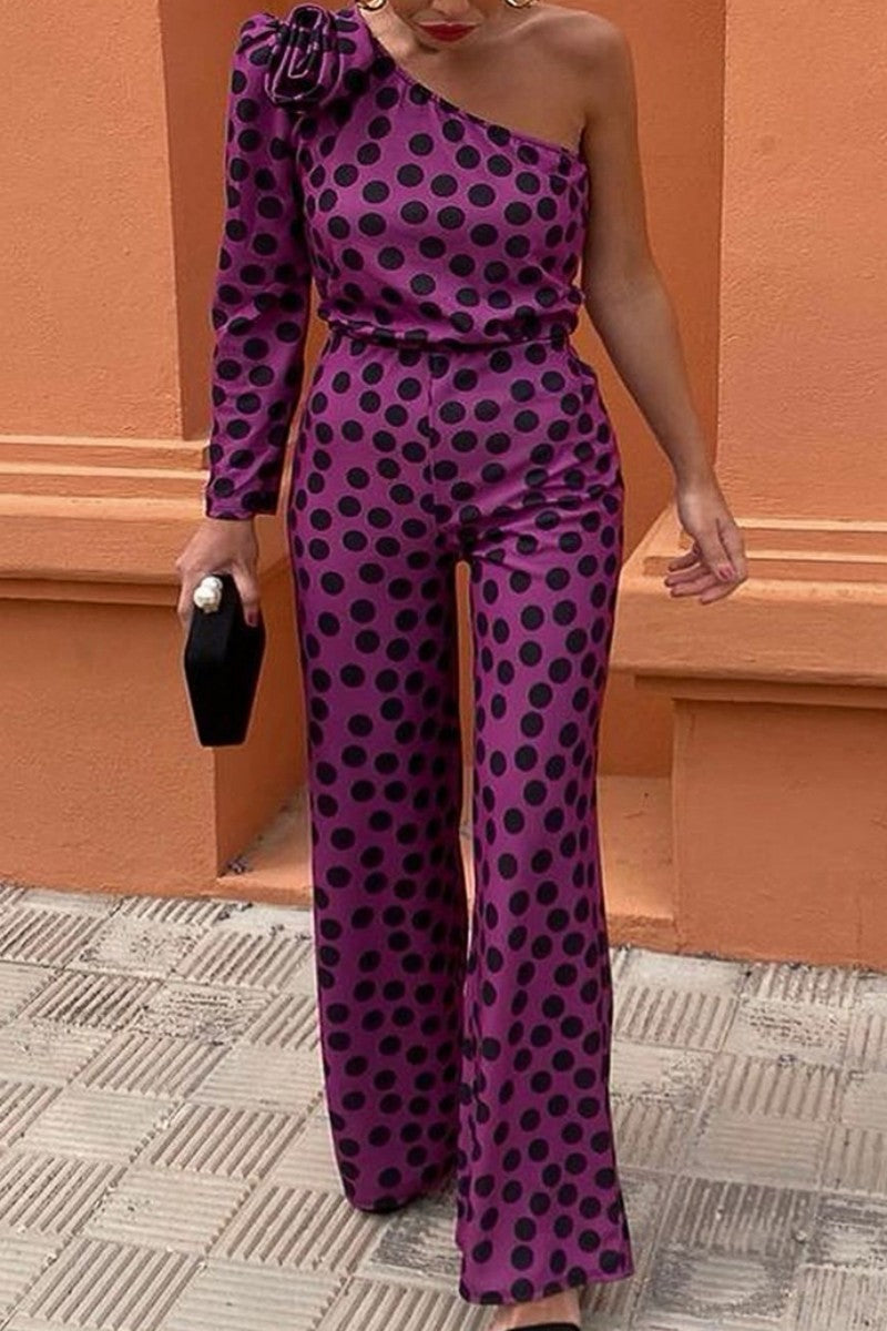 Florencia | Casual polka dot backless slant collar jumpsuits with regular fit