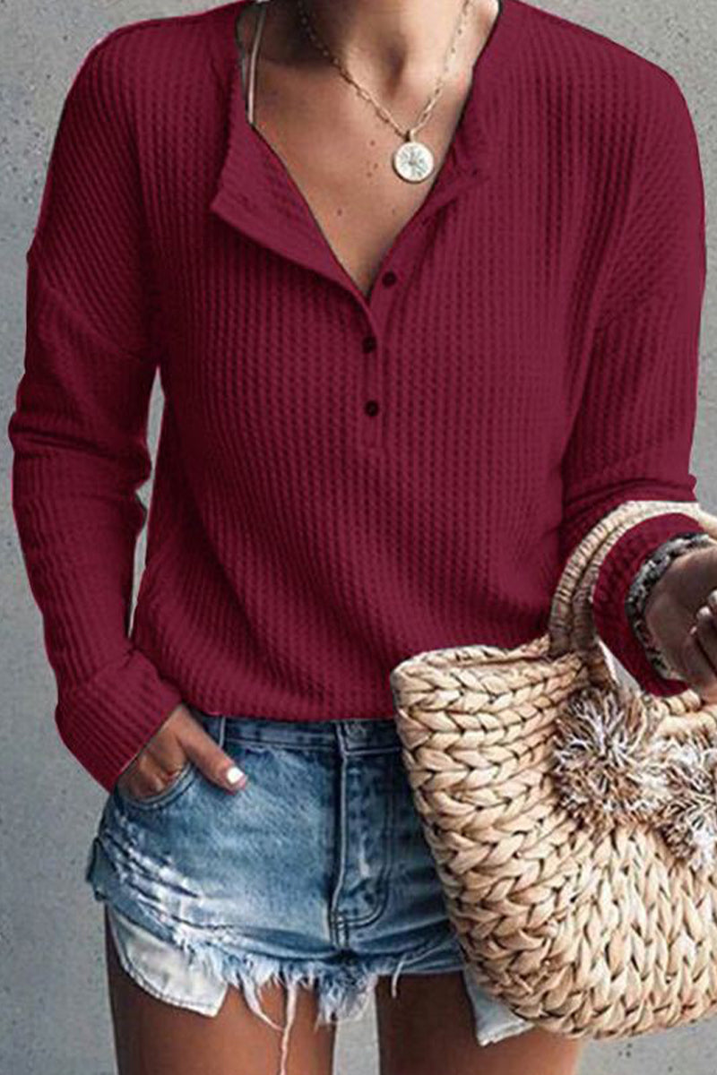 Pink | Casual tops with plain buttons and O-neck