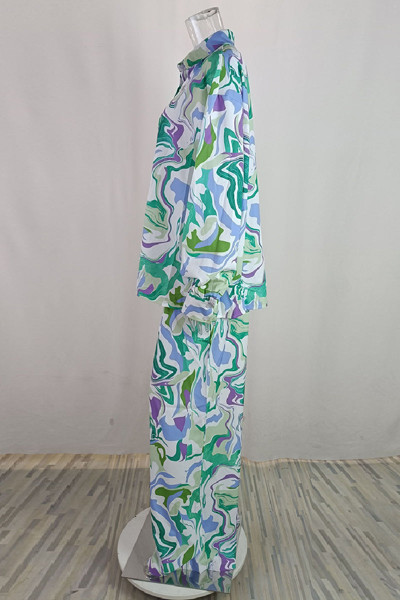 Trinidad | Casual printed cardigan with trousers, turn-down collar, long sleeves, two-piece