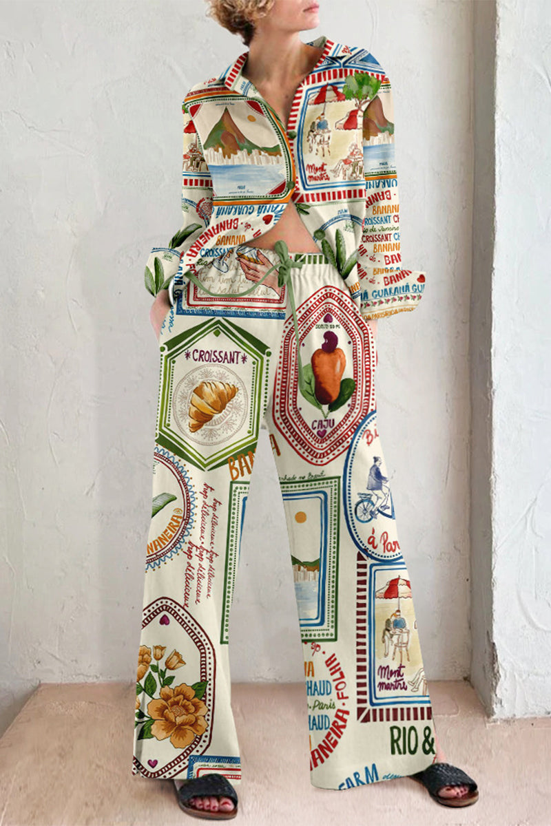 Nadia | Casual, printed, long-sleeved two-piece suit with pocket turn-down collar