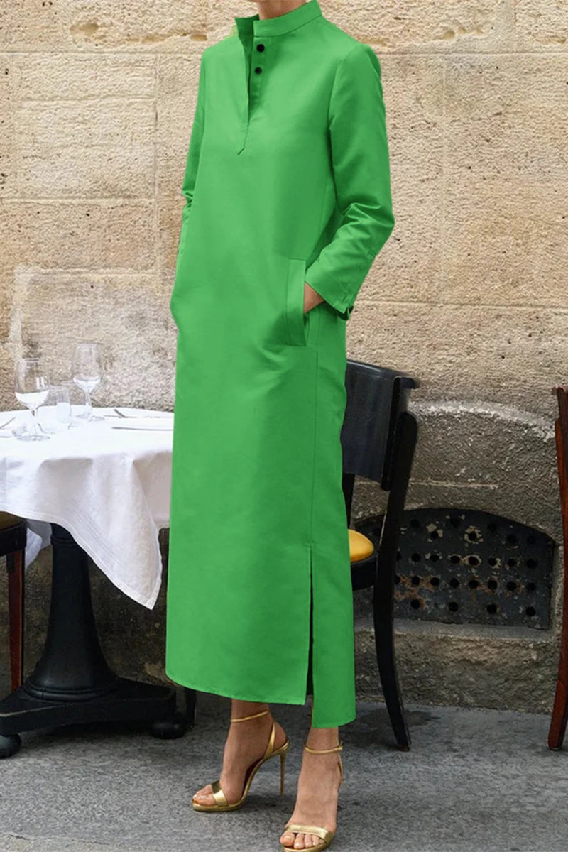 Zulema | Casual solid color long sleeve dresses with stand-up collar and pockets