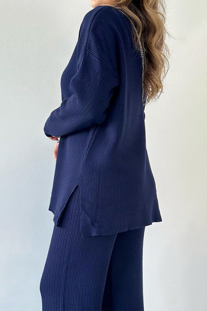 Flor | Casual simplicity, solid slit, turn-down collar, long sleeves, two-piece