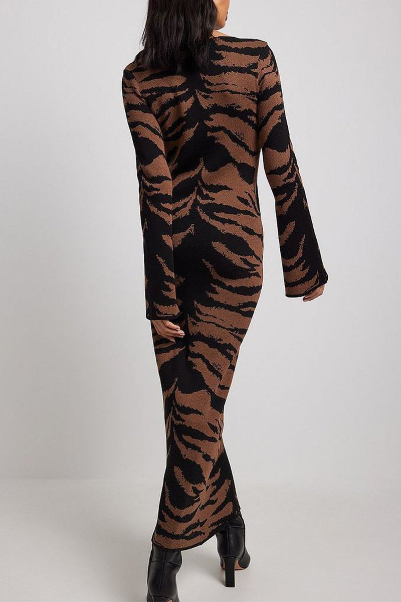 Juana | Street Vintage Leopard Jacquard Ripped Weave O-Neck Pencil Skirt Dresses