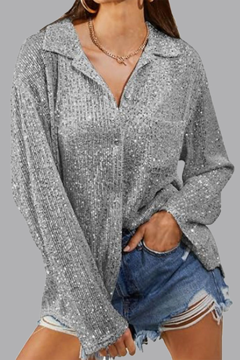 Luciana® | Elegant Long-Sleeved Polo Blouse With Buttons And Sequins
