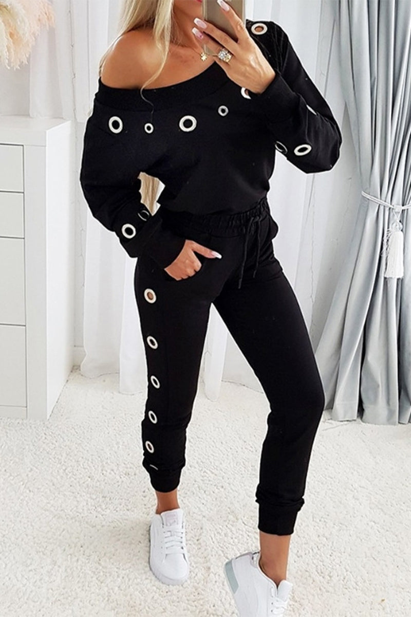 Anita | Casual solid bag, metal accessories, decoration, slanted collar, long sleeves, two-piece