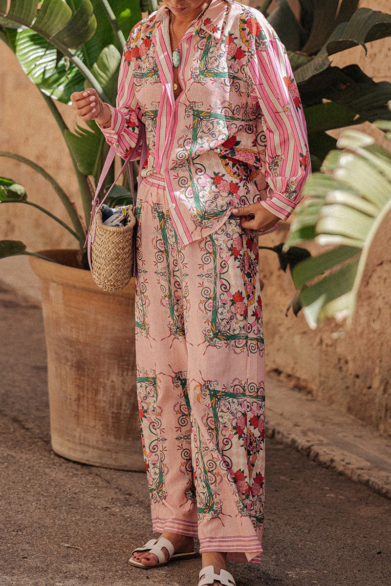Annelies | Casual street floral print pocket turn-down collar long sleeve two-piece suit