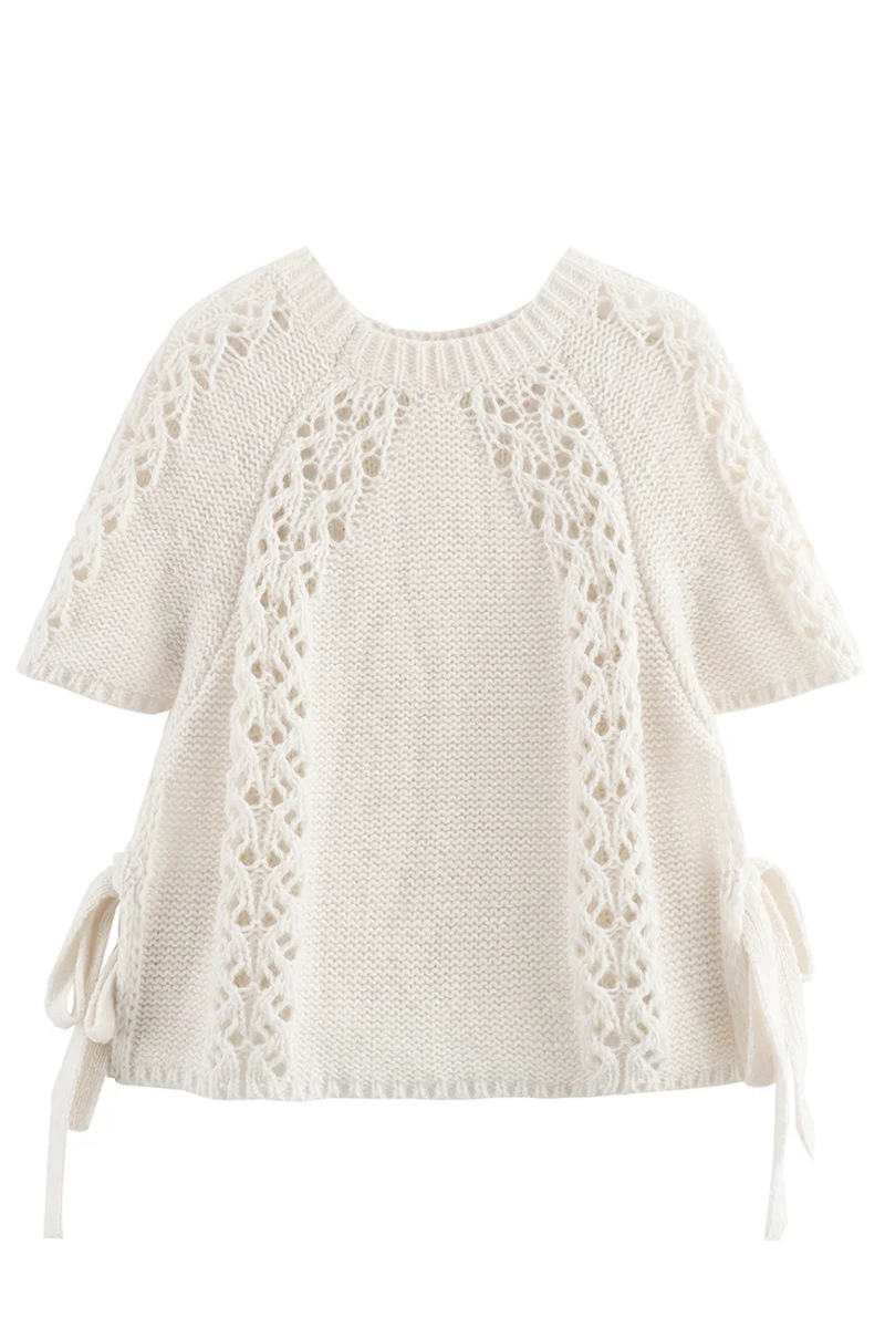 Catalina | Casual solid color hollow out drawstring woven O-neck sweaters