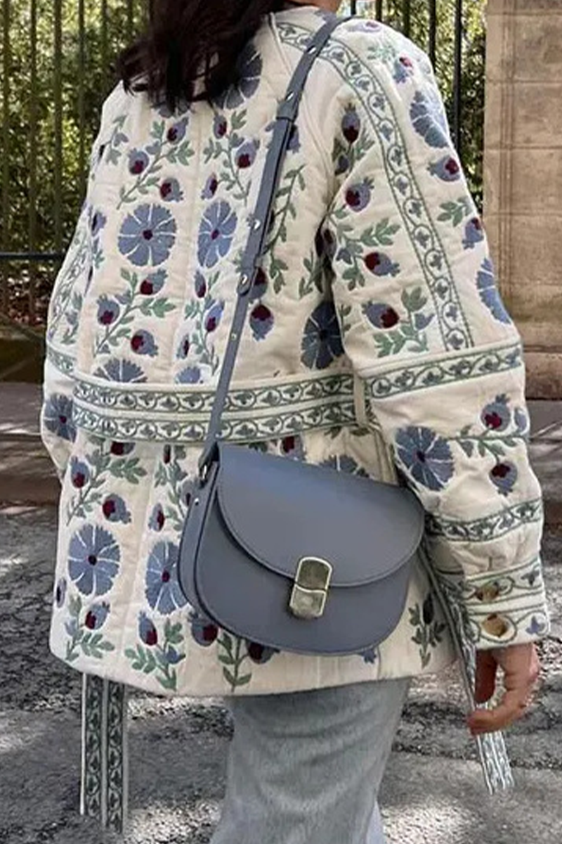 Cristina | Casual street floral outerwear with lace-up buttons and patchwork O-neck