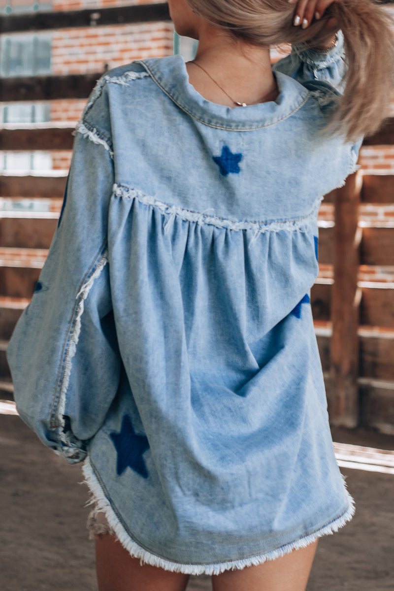 Daniela | Casual Street The Stars Distressed Patchwork Turndown Collar Long Sleeve Loose Denim Jacket