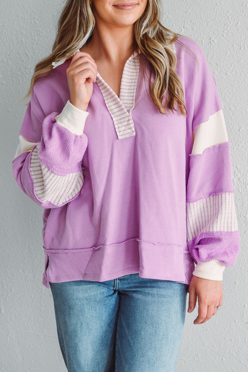 Deborah | Casual tops with street stripe patchwork contrast turn-down collar