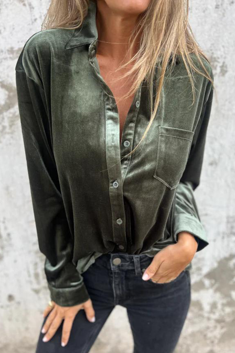 Dolores | Casual plain blouses with pocket buckle and turn-down collar
