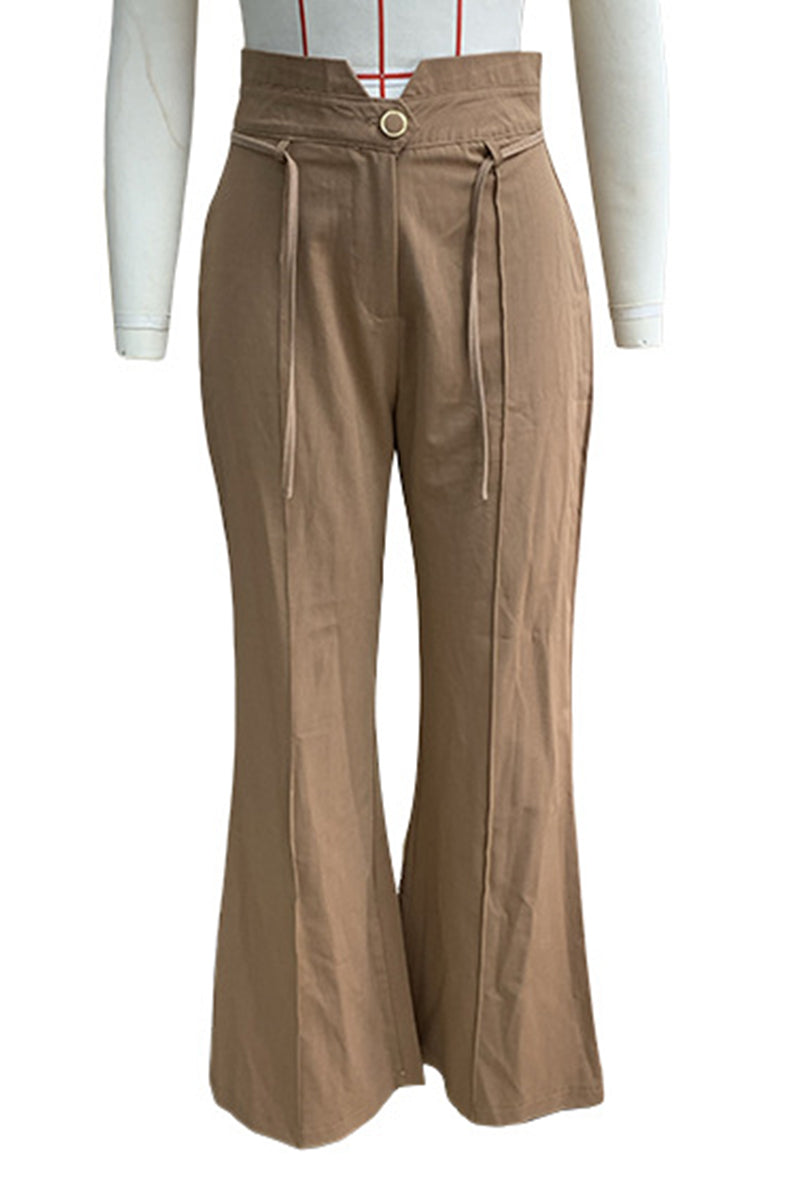 Doris | Casual, daily, solid color, with pockets, lace-up buttons, loose, solid color, high waist trousers with speakers