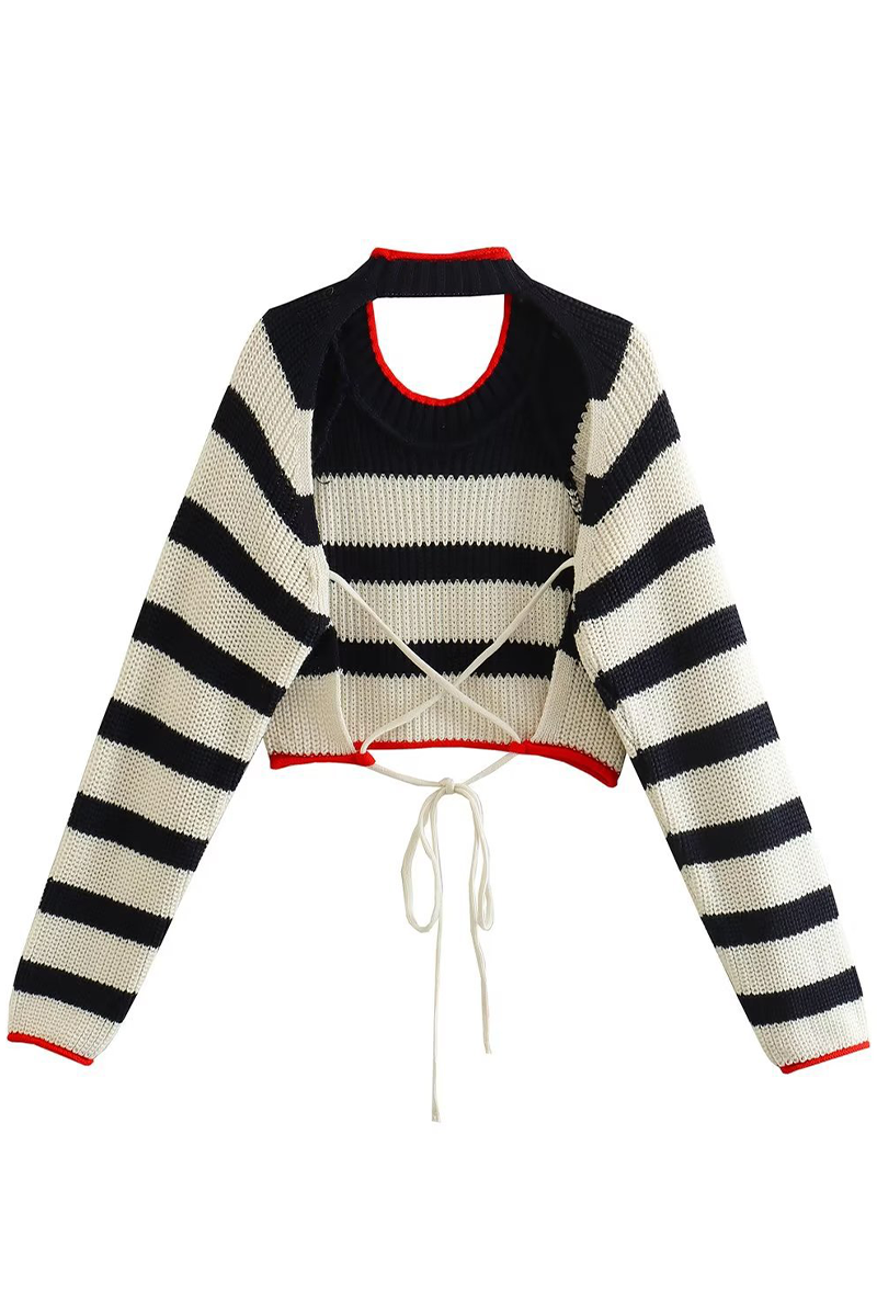 Edurne | Casual striped backless contrast lace-up O-neck sweaters