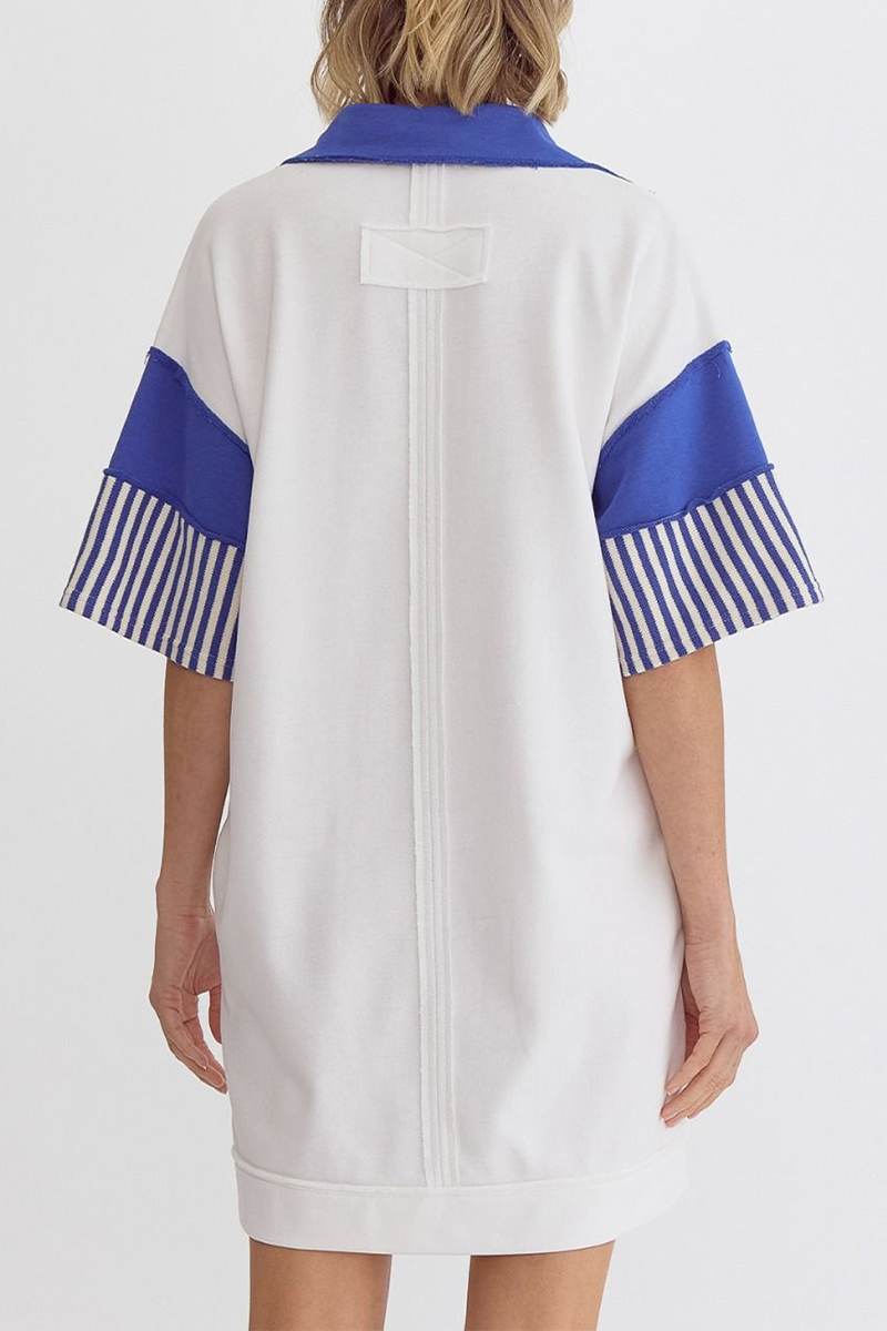 Encarni | Casual striped pocket patchwork turn-down collar short sleeve short dress