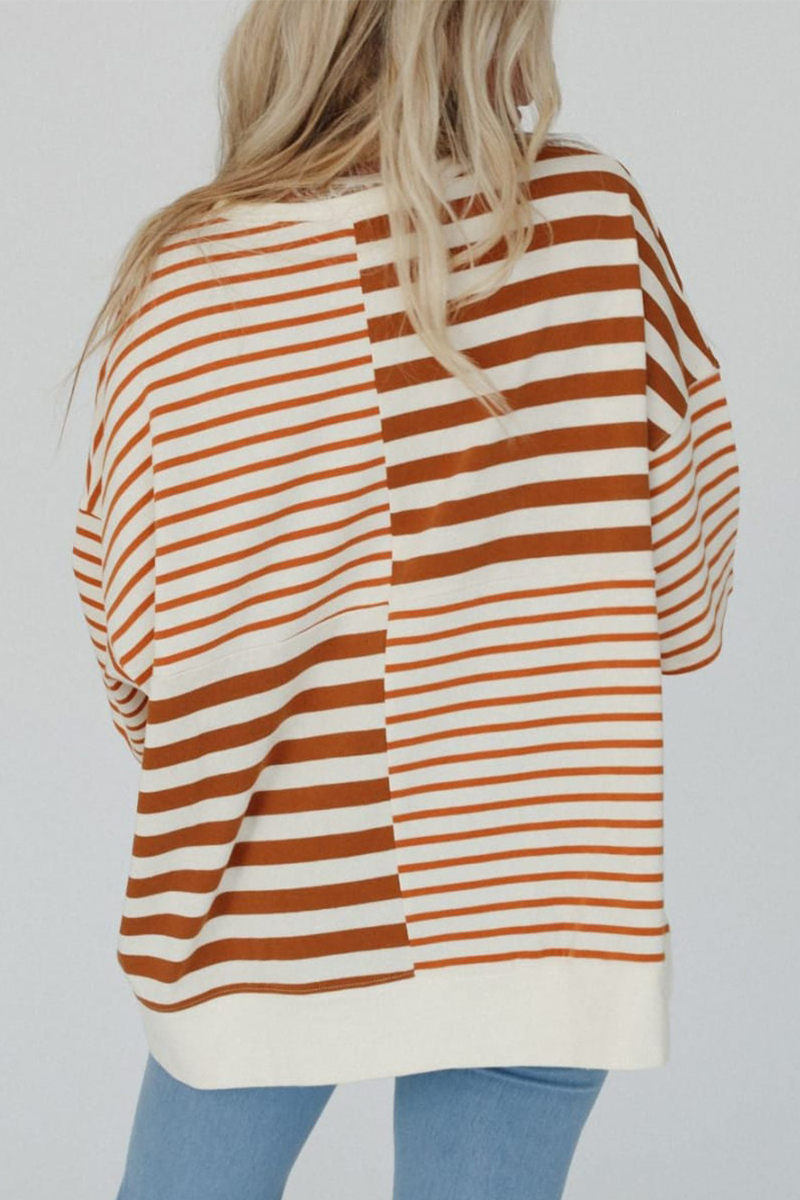 Emmy | Casual stripe buttons patchwork contrast o-neck t-shirts