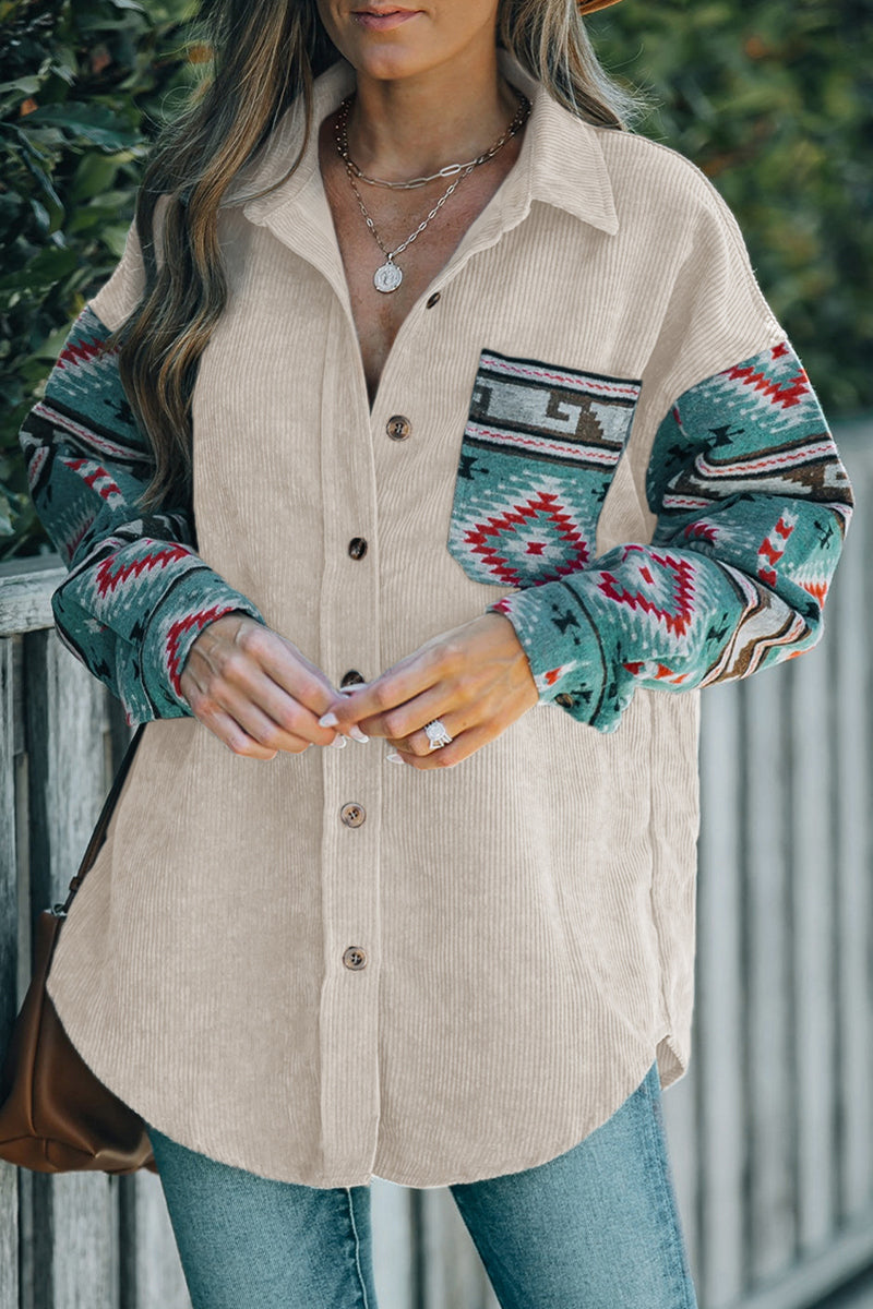Fernanda | Casual blouses with geometric print and pocket patchwork and contrast turn-down collar