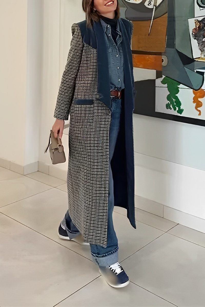 Frieda | Casual outerwear with street plaid patchwork contrast turn-down collar