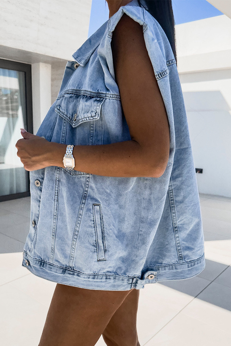 Griselda | Casual denim jacket with distressed buttons, turn-down collar, sleeveless, loose
