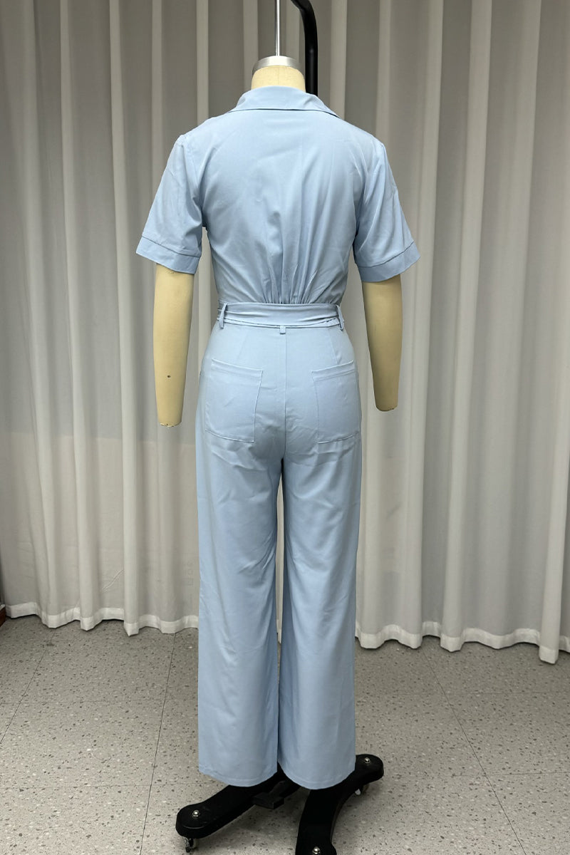 Guillermina | Casual, daily, loose jumpsuits with pockets and lace-up buttons and turn-down collar