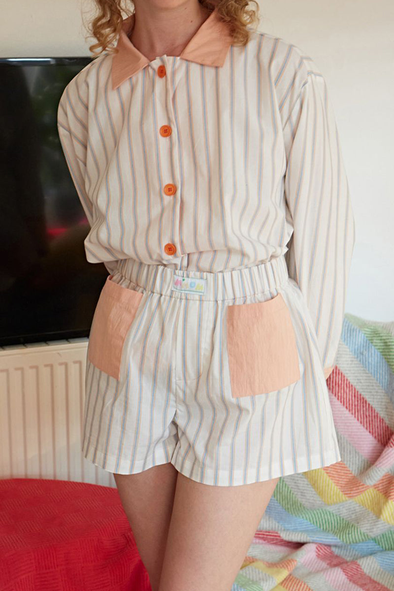 Ilse | Casual daily stripe patchwork contrast turn-down collar long sleeve two piece suit