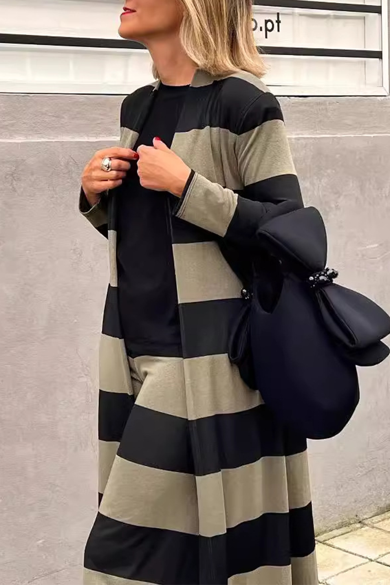 Jeannette | Casual street stripe patchwork contrast cardigan collar long sleeve two piece
