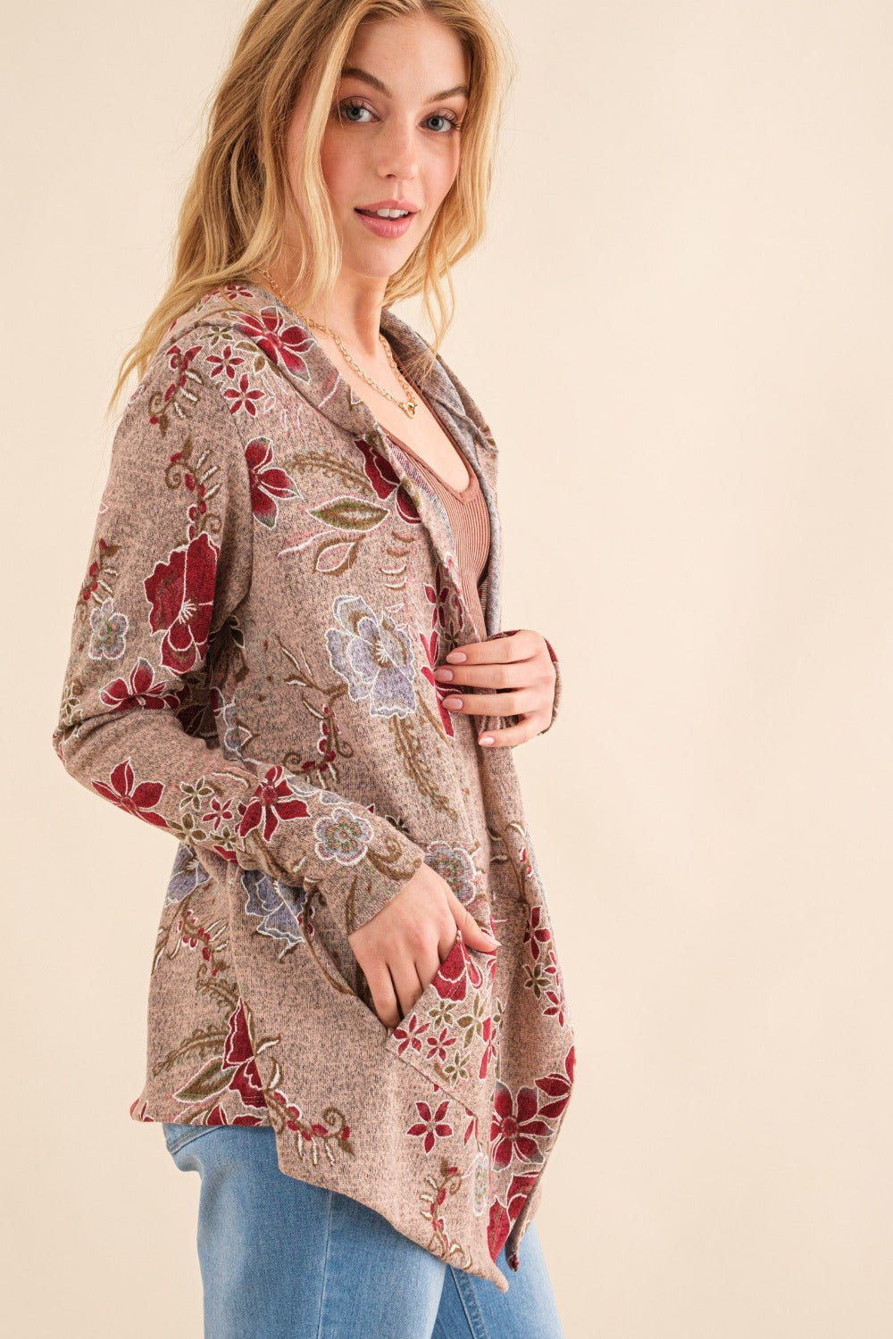 Yasmina | And the Why Floral thermal cardigan with hood and open front