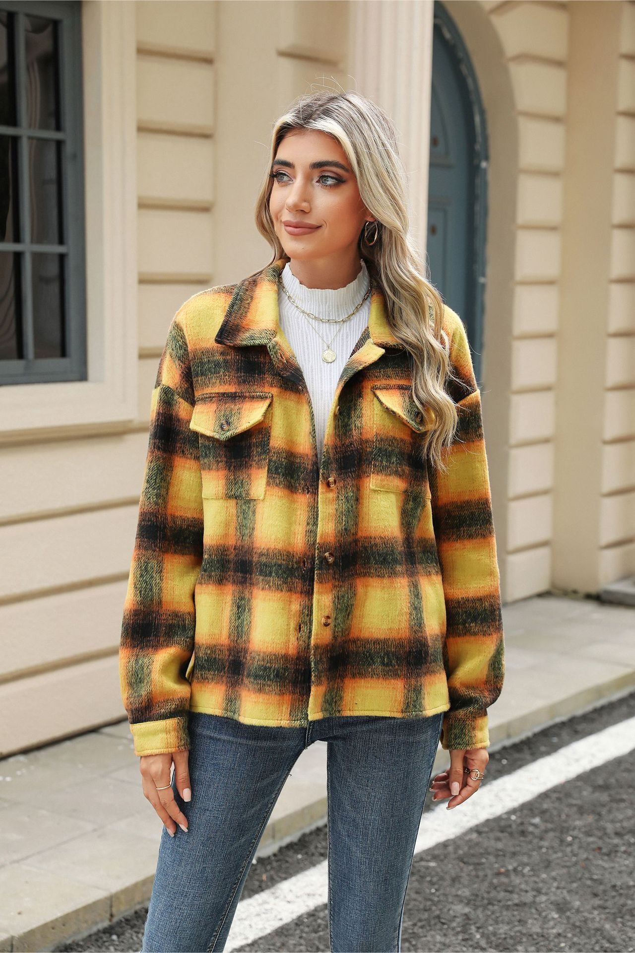 Loose Plaid Lapel Faux Wool Long Sleeve Coat