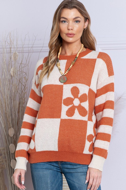 Luna | Floral checked sweater with striped sleeves