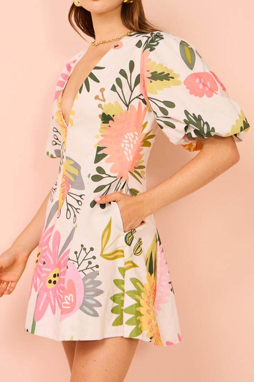Raquel® | Floral Print Mini Dress With Puff Sleeves And Pockets